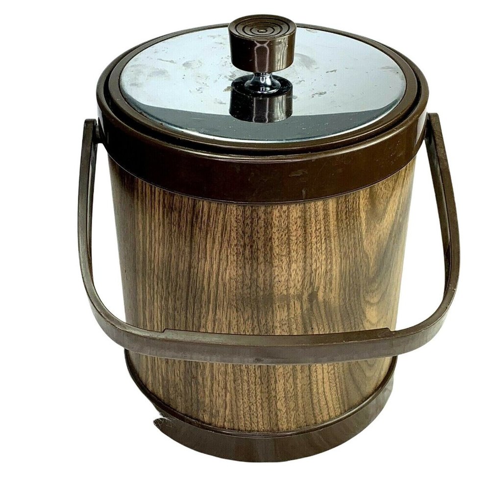 Vintage Atapco Ice Bucket Brown Woodgrain Look Top Handle Lid Bar Cart Mancave